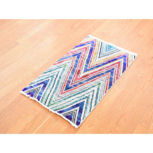 2'x3'3" Raspberry Red, Hand Knotted, Chevron Design, Sari Silk With Textured Wool, Oriental Rug FWR527844