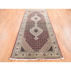 5'x12'9" Burgundy Red, Tabriz Mahi, Large Medallions, Pure Wool, Hand Knotted, Gallery Wide Runner, Oriental Rug FWR527910