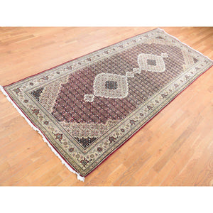 5'x12'9" Burgundy Red, Tabriz Mahi, Large Medallions, Pure Wool, Hand Knotted, Gallery Wide Runner, Oriental Rug FWR527910