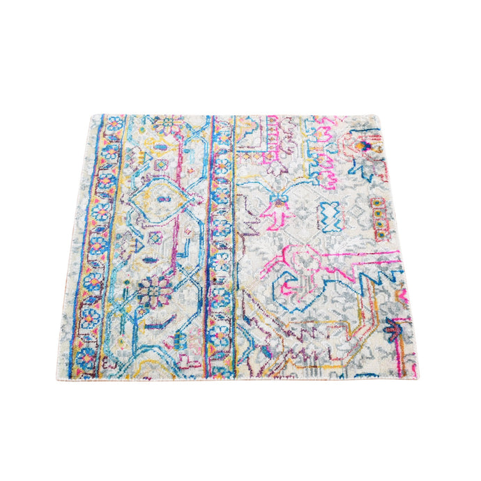 2'x2' Rose White, Modern Design, Sari Silk with Textured Wool, Hand Knotted, Corner Sample Mat Square, Oriental Rug FWR527946