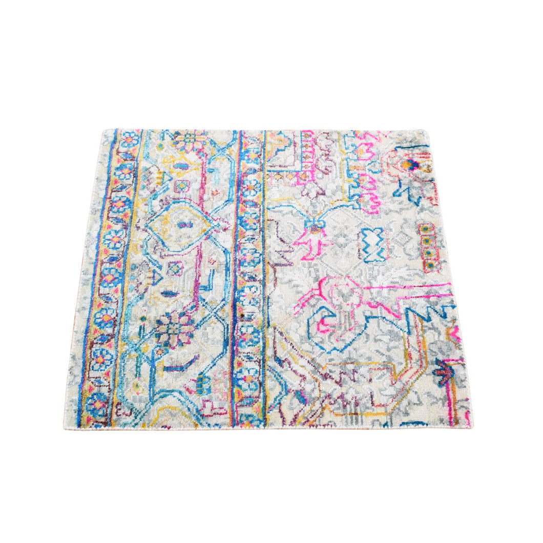 2'x2' Rose White, Modern Design, Sari Silk with Textured Wool, Hand Knotted, Corner Sample Mat Square, Oriental Rug FWR527946