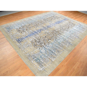 12'2"x15'4" Dried Moss Brown, Silk With Textured Wool, Transitional Sarouk Design, Hand Knotted, Oversized Oriental Rug FWR527970