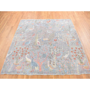 8'x8' Goose Gray, Afghan Peshawar Birds Of Paradise, Vegetable Dyes, 100% Wool, Hand Knotted, Square Oriental Rug FWR527976