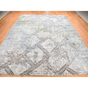 12'3"x15'3" Silver Gray, Trellis Mosaic Design, Wool With Pure Silk, Hand Knotted, Oversized Oriental Rug FWR527988