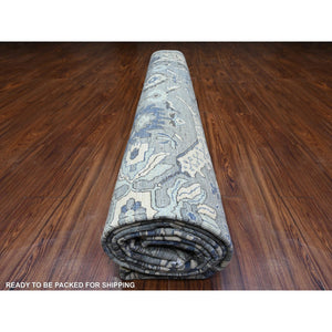 15'3"x15'3" Stone Gray, Vegetable Dyes, Dense Weave, Fine Peshawar Heriz, Sickle Leaf Design, Hand Knotted, Organic Wool, XL Square Oriental Rug FWR528180