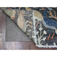 Load image into Gallery viewer, 4&#39;1&quot;x12&#39; Jet Black, Vegetable Dyes, Organic Wool, Afghan Peshawar with Birds of Paradise, Hand Knotted, Wide Runner, Oriental Rug FWR528198
