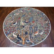 Load image into Gallery viewer, 8&#39;x8&#39; Jet Gray, Hand Knotted, Soft Wool, Afghan Peshawar With Birds Of Paradise, Abrash, Natural Dyes, Round Oriental Rug FWR528246