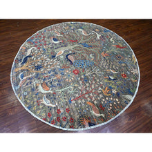 Load image into Gallery viewer, 8&#39;x8&#39; Jet Gray, Hand Knotted, Soft Wool, Afghan Peshawar With Birds Of Paradise, Abrash, Natural Dyes, Round Oriental Rug FWR528246