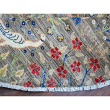 Load image into Gallery viewer, 8&#39;x8&#39; Jet Gray, Hand Knotted, Soft Wool, Afghan Peshawar With Birds Of Paradise, Abrash, Natural Dyes, Round Oriental Rug FWR528246