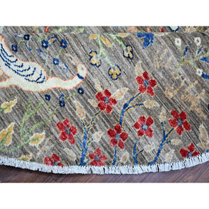 8'x8' Jet Gray, Hand Knotted, Soft Wool, Afghan Peshawar With Birds Of Paradise, Abrash, Natural Dyes, Round Oriental Rug FWR528246