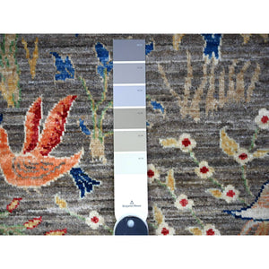 8'x8' Jet Gray, Hand Knotted, Soft Wool, Afghan Peshawar With Birds Of Paradise, Abrash, Natural Dyes, Round Oriental Rug FWR528246