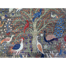 Load image into Gallery viewer, 8&#39;x8&#39; Jet Gray, Hand Knotted, Soft Wool, Afghan Peshawar With Birds Of Paradise, Abrash, Natural Dyes, Round Oriental Rug FWR528246