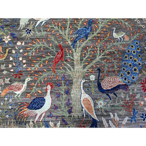 8'x8' Jet Gray, Hand Knotted, Soft Wool, Afghan Peshawar With Birds Of Paradise, Abrash, Natural Dyes, Round Oriental Rug FWR528246