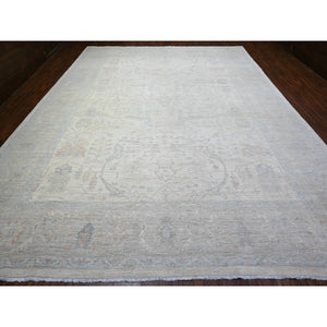 11'7"x15' Daisy White, Washed Out  Peshawar, Hand Knotted, Pure Wool, Oversized, Oriental Rug FWR528528