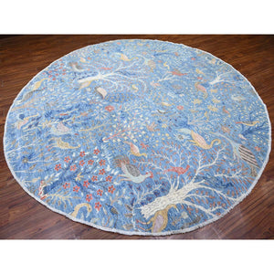 10'4"x10'4" Ruddy Blue, Hand Knotted, Organic Wool, Afghan Peshawar with Birds of Paradise, Vegetable Dyes, Round, Oriental Rug FWR528558