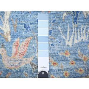 10'4"x10'4" Ruddy Blue, Hand Knotted, Organic Wool, Afghan Peshawar with Birds of Paradise, Vegetable Dyes, Round, Oriental Rug FWR528558