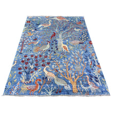 Load image into Gallery viewer, 5&#39;x6&#39;4&quot; Steel Blue, Afghan Peshawar with Birds of Paradise, Hand Knotted, Vegetable Dyes, Organic Wool, Oriental Rug FWR528660