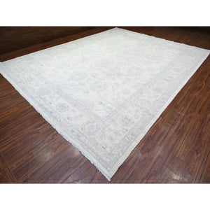 11'8"x15' Chantilly Lace White, Organic Wool, White Wash Peshawar, Hand Knotted, Oversized Oriental Rug FWR528840