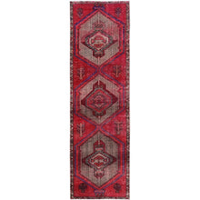 Load image into Gallery viewer, 2&#39;7&quot;x9&#39;7&quot; Berry Red, Overdyed Vintage Persian Serab with Geometric Medallions Design, Shaved Low, Zero Pile, Sides and Ends Professionally Secured, Hand Knotted, Pure Wool, Runner, Oriental Rug Sh881 FWR5286