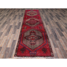 Load image into Gallery viewer, 2&#39;7&quot;x9&#39;7&quot; Berry Red, Overdyed Vintage Persian Serab With Geometric Medallions Design, Shaved Low, Zero Pile, Sides And Ends Professionally Secured, Hand Knotted, Pure Wool, Runner, Oriental Rug FWR5286