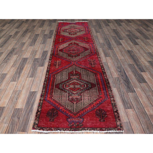 2'7"x9'7" Berry Red, Overdyed Vintage Persian Serab with Geometric Medallions Design, Shaved Low, Zero Pile, Sides and Ends Professionally Secured, Hand Knotted, Pure Wool, Runner, Oriental Rug Sh881 FWR5286