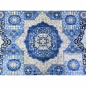 10'x13'8" Sapphire Blue, Dense Weave Vegetable Dyes, Soft Wool Hand Knotted, Fine Aryana  With Mamluk Borderless Design, Oriental Rug FWR529254