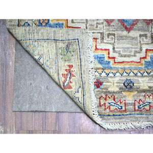 3'x11'8" Koala Gray, Afghan Hand Knotted Angora Oushak With Pop Of Colors, Vibrant Wool, Natural Dyes Oriental Runner Rug FWR529452