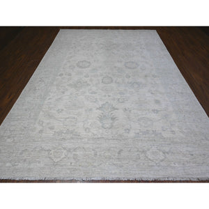 8'8"x11'7" Wisp White, Natural Wool, White Wash Peshawar, Distressed Hand Knotted, Oriental Rug FWR529794
