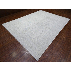 8'8"x11'7" Wisp White, Natural Wool, White Wash Peshawar, Distressed Hand Knotted, Oriental Rug FWR529794