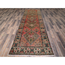 Load image into Gallery viewer, 3&#39;5&quot;x10&#39;3&quot; Blush Red with Army Green, Vintage Persian Bakhtiar, Geometric Design, Distinct Abrash, Shaved Down, Zero Pile, Sides and Ends Professionally Secured, Clean, Hand Knotted, Pure Wool, Wide Runner, Oriental Rug FWR5292