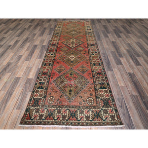 3'5"x10'3" Blush Red with Army Green, Vintage Persian Bakhtiar, Geometric Design, Distinct Abrash, Shaved Down, Zero Pile, Sides and Ends Professionally Secured, Clean, Hand Knotted, Pure Wool, Wide Runner, Oriental Rug FWR5292