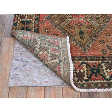 Load image into Gallery viewer, 3&#39;5&quot;x10&#39;3&quot; Blush Red with Army Green, Vintage Persian Bakhtiar, Geometric Design, Distinct Abrash, Shaved Down, Zero Pile, Sides and Ends Professionally Secured, Clean, Hand Knotted, Pure Wool, Wide Runner, Oriental Rug FWR5292