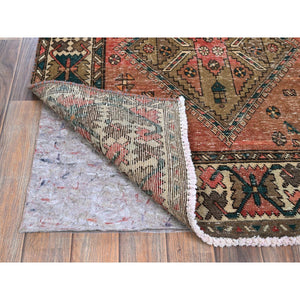3'5"x10'3" Blush Red with Army Green, Vintage Persian Bakhtiar, Geometric Design, Distinct Abrash, Shaved Down, Zero Pile, Sides and Ends Professionally Secured, Clean, Hand Knotted, Pure Wool, Wide Runner, Oriental Rug FWR5292