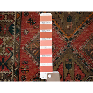 3'5"x10'3" Blush Red with Army Green, Vintage Persian Bakhtiar, Geometric Design, Distinct Abrash, Shaved Down, Zero Pile, Sides and Ends Professionally Secured, Clean, Hand Knotted, Pure Wool, Wide Runner, Oriental Rug FWR5292