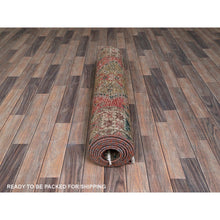 Load image into Gallery viewer, 3&#39;5&quot;x10&#39;3&quot; Blush Red with Army Green, Vintage Persian Bakhtiar, Geometric Design, Distinct Abrash, Shaved Down, Zero Pile, Sides and Ends Professionally Secured, Clean, Hand Knotted, Pure Wool, Wide Runner, Oriental Rug FWR5292