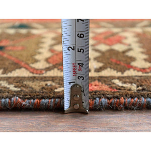 3'5"x10'3" Blush Red with Army Green, Vintage Persian Bakhtiar, Geometric Design, Distinct Abrash, Shaved Down, Zero Pile, Sides and Ends Professionally Secured, Clean, Hand Knotted, Pure Wool, Wide Runner, Oriental Rug FWR5292