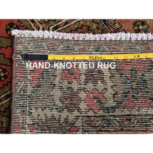 Load image into Gallery viewer, 3&#39;5&quot;x10&#39;3&quot; Blush Red With Army Green, Vintage Persian Bakhtiar, Geometric Design, Distinct Abrash, Shaved Down, Zero Pile, Sides And Ends Professionally Secured, Clean, Hand Knotted, Pure Wool, Wide Runner, Oriental Rug FWR5292