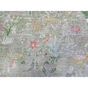 8'x8' Gin Green, Soft Wool, Afghan Peshawar With Birds Of Paradise, Hand Knotted, Vegetable Dyes, Square, Oriental Rug FWR529836
