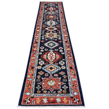 Load image into Gallery viewer, 2&#39;7&quot;x11&#39;7&quot; Mid Night Blue with Barn Red Border, Karajeh Design, Good Condition, Soft Wool Hand Knotted, Fine Aryana, Runner Oriental Rug FWR530016