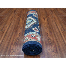 Load image into Gallery viewer, 2&#39;7&quot;x11&#39;7&quot; Mid Night Blue with Barn Red Border, Karajeh Design, Good Condition, Soft Wool Hand Knotted, Fine Aryana, Runner Oriental Rug FWR530016