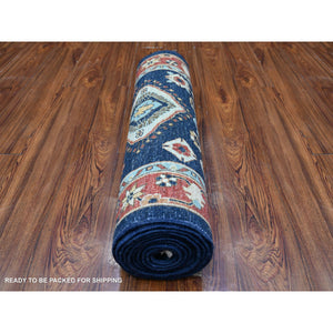2'7"x11'7" Mid Night Blue with Barn Red Border, Karajeh Design, Good Condition, Soft Wool Hand Knotted, Fine Aryana, Runner Oriental Rug FWR530016