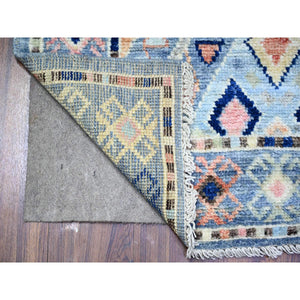 3'2"x10'1" New York City Blue, Anatolian Village Inspired With Subtle Design, Hand Knotted, Natural Dyes, Shiny Wool, Runner Oriental Rug FWR530244