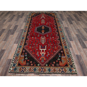 3'5"x8'2" Crimson Red, Vintage Persian Shiraz with Geometric Pattern, Small Animal Figurines, Shaved Low, Zero Pile, Sides and Ends Professionally Secured, Clean, Hand Knotted, Pure Wool, Wide Runner, Oriental Rug FWR5298