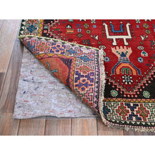 Load image into Gallery viewer, 3&#39;5&quot;x8&#39;2&quot; Crimson Red, Vintage Persian Shiraz with Geometric Pattern, Small Animal Figurines, Shaved Low, Zero Pile, Sides and Ends Professionally Secured, Clean, Hand Knotted, Pure Wool, Wide Runner, Oriental Rug FWR5298