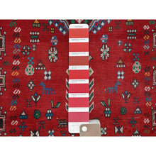 Load image into Gallery viewer, 3&#39;5&quot;x8&#39;2&quot; Crimson Red, Vintage Persian Shiraz with Geometric Pattern, Small Animal Figurines, Shaved Low, Zero Pile, Sides and Ends Professionally Secured, Clean, Hand Knotted, Pure Wool, Wide Runner, Oriental Rug FWR5298