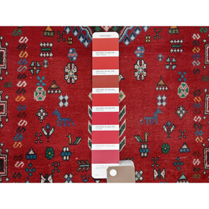 3'5"x8'2" Crimson Red, Vintage Persian Shiraz with Geometric Pattern, Small Animal Figurines, Shaved Low, Zero Pile, Sides and Ends Professionally Secured, Clean, Hand Knotted, Pure Wool, Wide Runner, Oriental Rug FWR5298