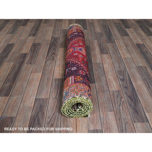 3'5"x8'2" Crimson Red, Vintage Persian Shiraz with Geometric Pattern, Small Animal Figurines, Shaved Low, Zero Pile, Sides and Ends Professionally Secured, Clean, Hand Knotted, Pure Wool, Wide Runner, Oriental Rug FWR5298