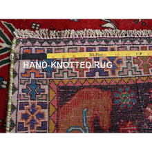 Load image into Gallery viewer, 3&#39;5&quot;x8&#39;2&quot; Crimson Red, Vintage Persian Shiraz With Geometric Pattern, Small Animal Figurines, Shaved Low, Zero Pile, Sides And Ends Professionally Secured, Clean, Hand Knotted, Pure Wool, Wide Runner, Oriental Rug FWR5298
