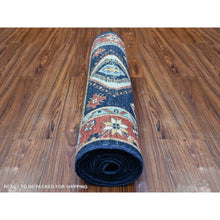 Load image into Gallery viewer, 2&#39;7&quot;x11&#39;8&quot; Braves Navy Blue with Barn Red Border, Fine Aryana, Karajeh Design, Luxorious Wool, Hand Knotted, Runner Oriental Rug FWR530418
