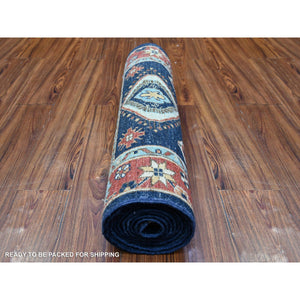 2'7"x11'8" Braves Navy Blue with Barn Red Border, Fine Aryana, Karajeh Design, Luxorious Wool, Hand Knotted, Runner Oriental Rug FWR530418